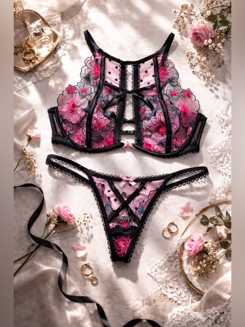 For Love & Lemons Zinnia Embroidered Bra Thong Set Black 34C M NWT